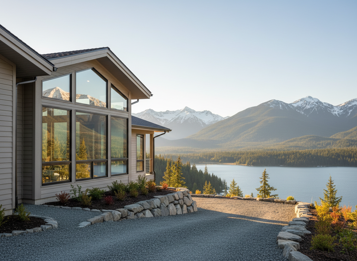 A contemporary West Kootenays family home with clean lines and neutral-toned siding, set on a gentle slope overlooking a shimmering mountain lake. The house features large, clear windows reflecting distant snow-dusted peaks and evergreen forests. It sits within a tidy gravel driveway bordered by natural stone and low native shrubs. Late afternoon sunlight casts a warm, golden glow across the façade, creating crisp but soft shadows along the roofline. Photographed at eye level with photographic realism, the composition uses the rule of thirds to balance the home against the expansive landscape, evoking a calm, professional, and welcoming atmosphere that suggests high-quality real estate in a stunning natural setting.