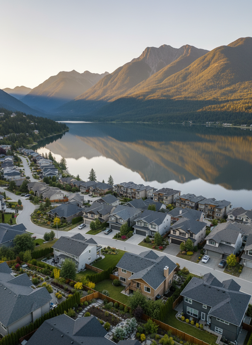 A panoramic, photographic-realism view of a West Kootenays lakeside community at golden hour, showcasing a mix of tidy single-family homes and modern townhouses stepping down gentle slopes toward a calm, reflective lake. The homes feature varied neutral exteriors—light greys, warm beiges, and natural wood accents—with tidy driveways and well-maintained landscaping. The surrounding mountains rise steeply in the background, their tree-covered slopes glowing under warm sunlight. Captured from a slightly elevated vantage point with wide-angle framing, the image balances the neighborhood in the foreground with the dramatic landscape behind, conveying a harmonious, desirable lifestyle that blends community living with rugged natural beauty.