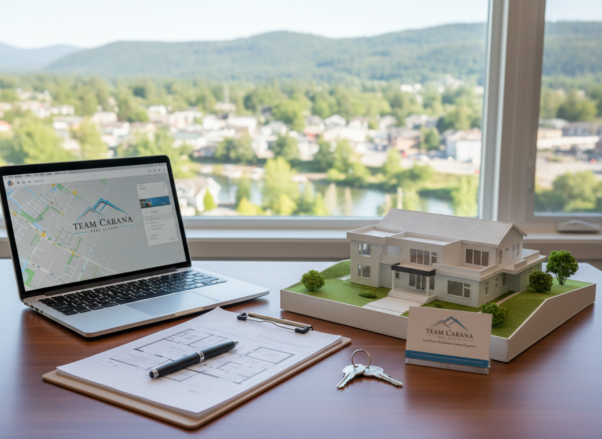 A polished real estate worktable scene representing Team Cabana Real Estate, with a detailed architectural house model placed on a smooth, dark wood desk. Beside it, a sleek metal laptop sits half-open, its screen subtly aglow, alongside a neatly stacked clipboard with floor plans and a set of brushed steel keys. The background shows a blurred window view of a small West Kootenays town with tree-lined streets and rolling hills. Soft studio-style lighting mixed with natural window light creates a balanced, professional brightness. Shot at eye level with shallow depth of field, the focus rests on the tools of the trade, evoking trust, organization, and expert guidance in buying and selling homes.