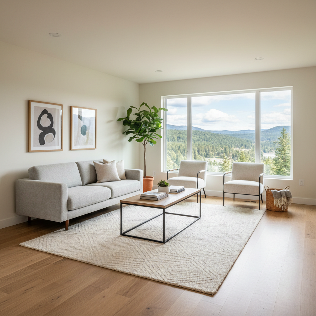 A bright, well-staged living room in a West Kootenays home, featuring a spacious open-concept layout with light oak flooring and a large picture window framing forested hills in the distance. A simple, contemporary sofa and sleek coffee table sit neatly on a textured area rug, with minimalist decor and a few subtle indoor plants. Soft, diffused midday sunlight filters in, illuminating the room evenly and creating gentle shadows under the furniture. Captured at a slightly elevated angle with sharp focus throughout, the photographic realism highlights clean lines and ample space, conveying an inviting, move-in-ready property ideal for professional real estate listings.